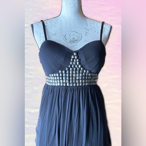 Bustier Strap Dress, Metal Stud Accents, Vertical Ruching, Gathered Hemline (M) - Picture 2 of 8